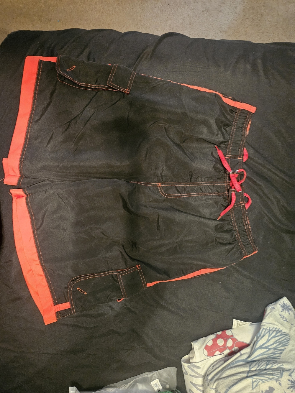 Men's Black Swim Shorts with Red Accents and Drawstring